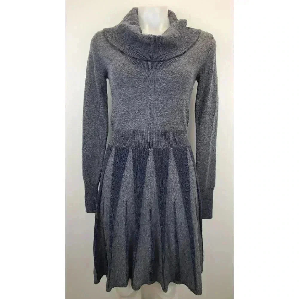 BCBGMaxAzria Steel Blue Gray Navy Fit Flare Art Deco Cowl Neck Sweater Dress XS - Picture 14 of 14